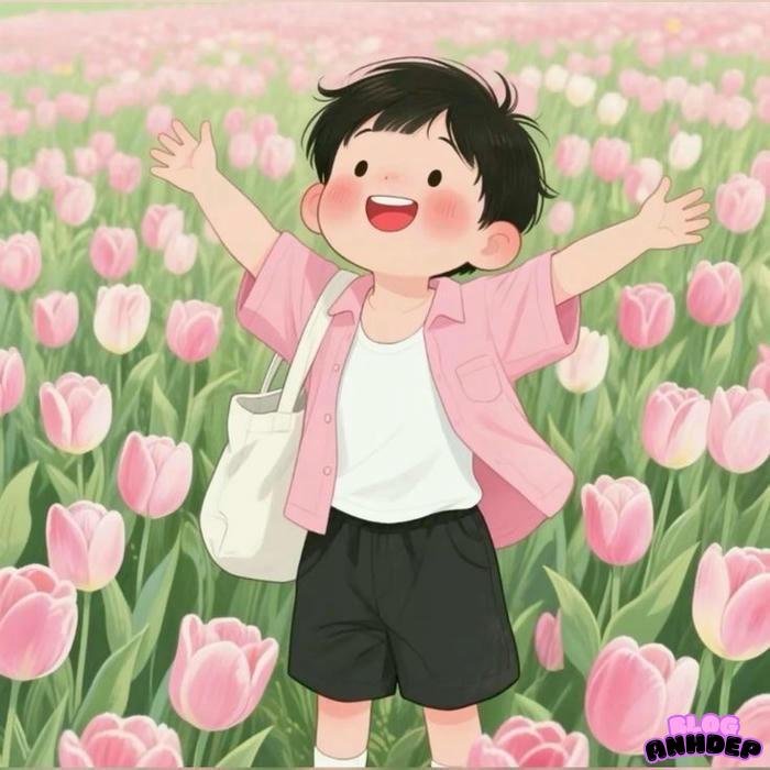 chibi nam giữa vườn hoa