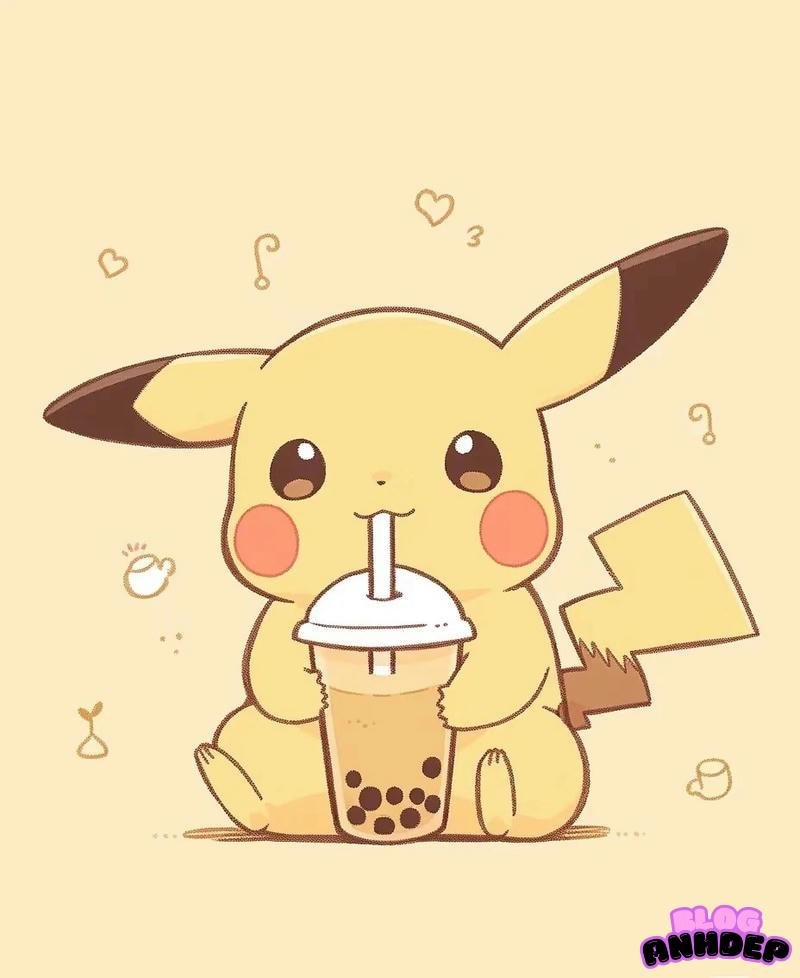chibi pikachu uống trà sữa
