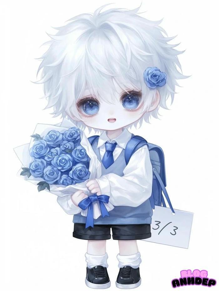 chibi trắng cầm hoa xanh